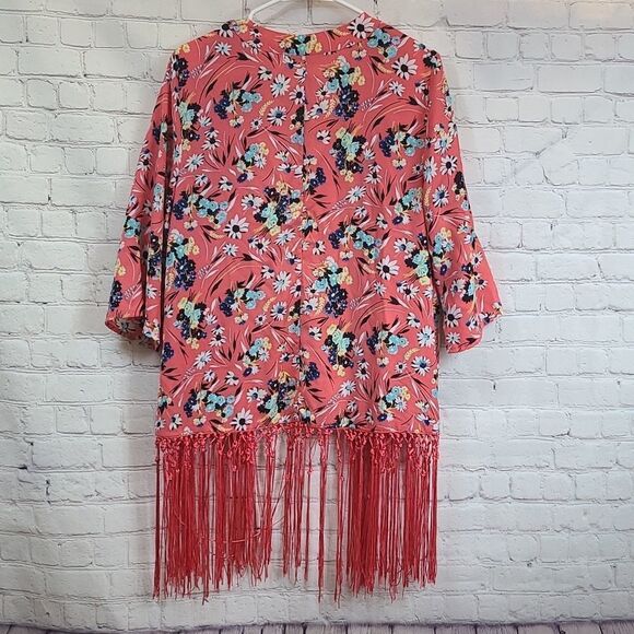 Anthropologie Nanette Lepore Coral Floral Fringe Kimono L’Amour Large Anthro - Picture 8 of 8
